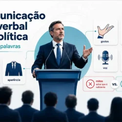 Imagem destacada sobre comunicação não verbal na política, com líder em púlpito, público ao fundo e ícones de gestos, voz, expressões e interação.