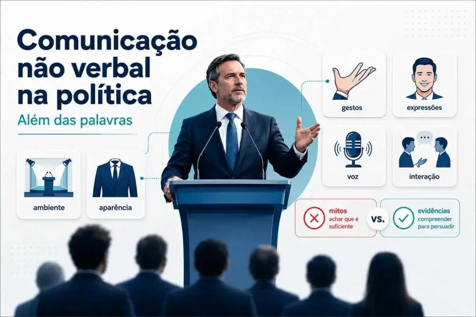 Imagem destacada sobre comunicação não verbal na política, com líder em púlpito, público ao fundo e ícones de gestos, voz, expressões e interação.
