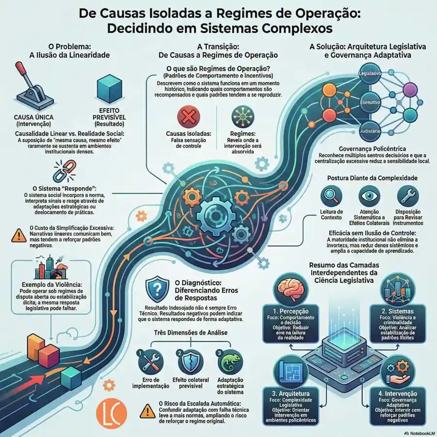 Infográfico sobre complexidade social mostrando transição de causas isoladas para regimes de operação e arquitetura legislativa em sistemas complexos policêntricos.