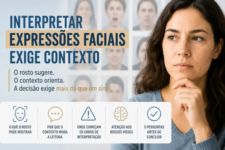 Imagem destacada sobre interpretar expressões faciais com contexto, mostrando rostos ao fundo e uma pessoa observando com cautela.