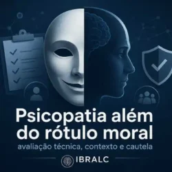 Imagem destacada sobre psicopatia além do rótulo moral, com máscara, perfil humano, checklist técnico e ícone de proteção.