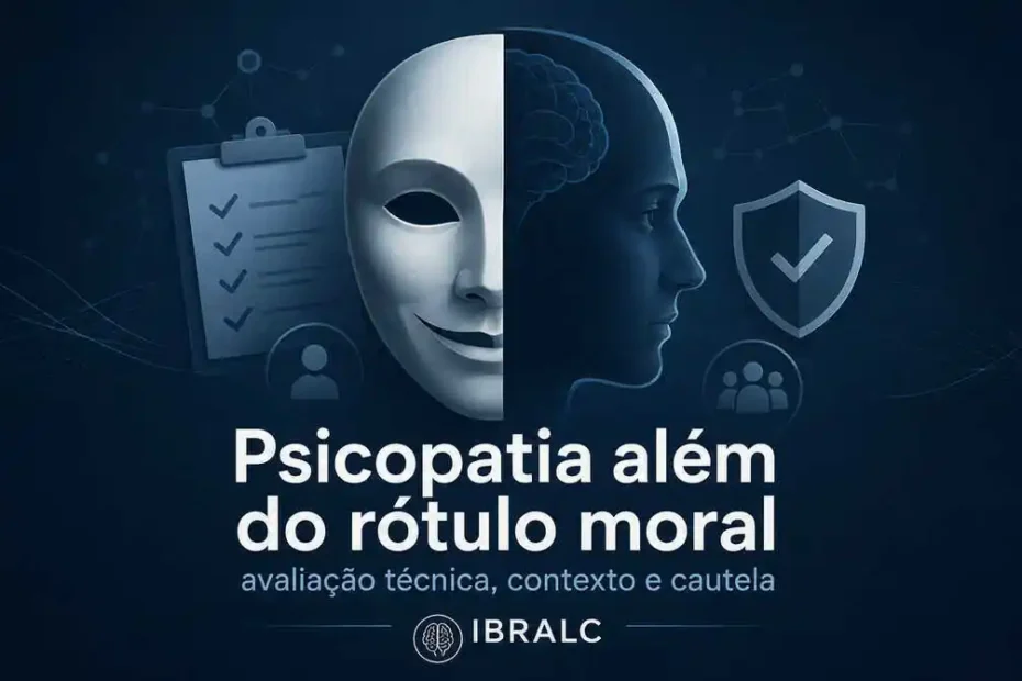 Imagem destacada sobre psicopatia além do rótulo moral, com máscara, perfil humano, checklist técnico e ícone de proteção.