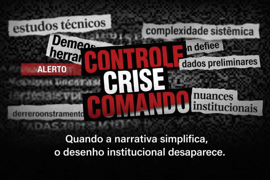 Esta imagem visualiza o atalho cognitivo produzido pela cobertura de crises. Manchetes alarmistas, focadas em palavras de ordem como "CONTROLE" e "COMANDO", criam um ruído ensurdecedor que se sobrepõe às nuances técnicas e institucionais (visíveis no fundo borrado). Ao vender a ilusão de que uma solução centralizada é possível, essa narrativa simplificadora torna invisível a realidade da policentria na segurança pública, onde a governança depende da articulação entre múltiplos centros de poder e não de um único "chefe".