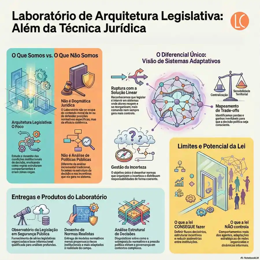 Infográfico sobre arquitetura legislativa orientada por sistemas adaptativos complexos, destacando decisão institucional, trade-offs, gestão da incerteza e limites da lei no contexto do Laboratório de Arquitetura Legislativa do IBRALC.