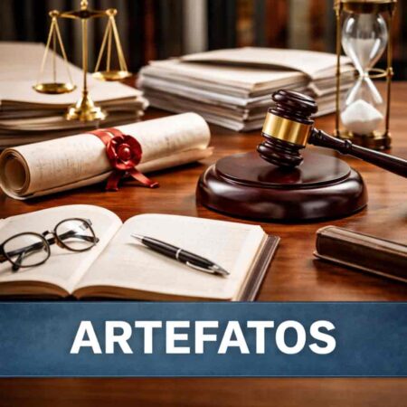 Objetos institucionais sobre mesa de trabalho — documentos, símbolos jurídicos e instrumentos formais — que estruturam expectativas, autoridade e decisões antes da deliberação.