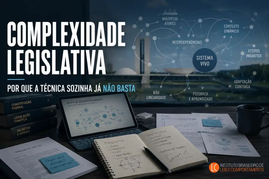 Mesa de trabalho legislativo com documentos, tablet e mapa de interdependências, representando complexidade legislativa e lei adaptativa.