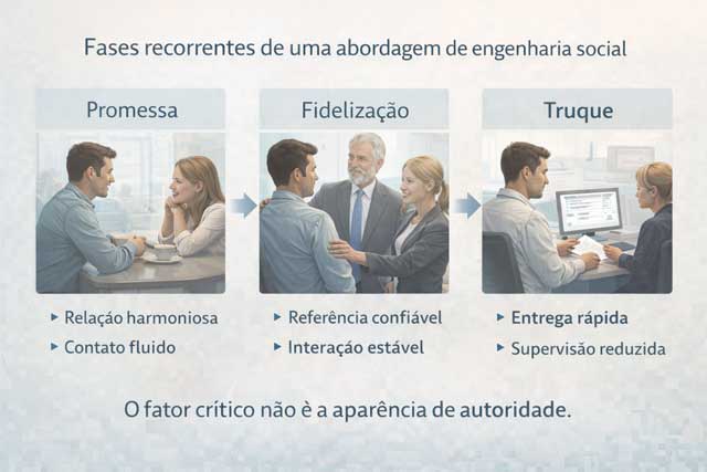 Engenharia social como método: a ilustração apresenta as fases recorrentes de promessa, fidelização e truque no contexto da segurança pública.