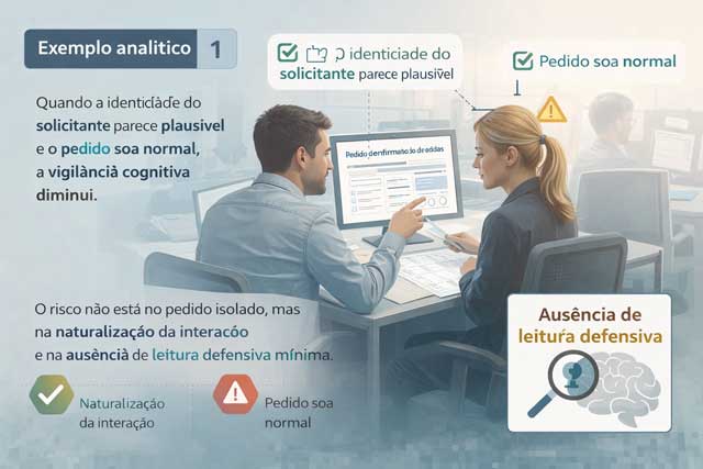 Engenharia social na segurança pública: a imagem mostra como pedidos aparentemente normais reduzem a vigilância cognitiva e facilitam a extração de informações em rotinas administrativas.