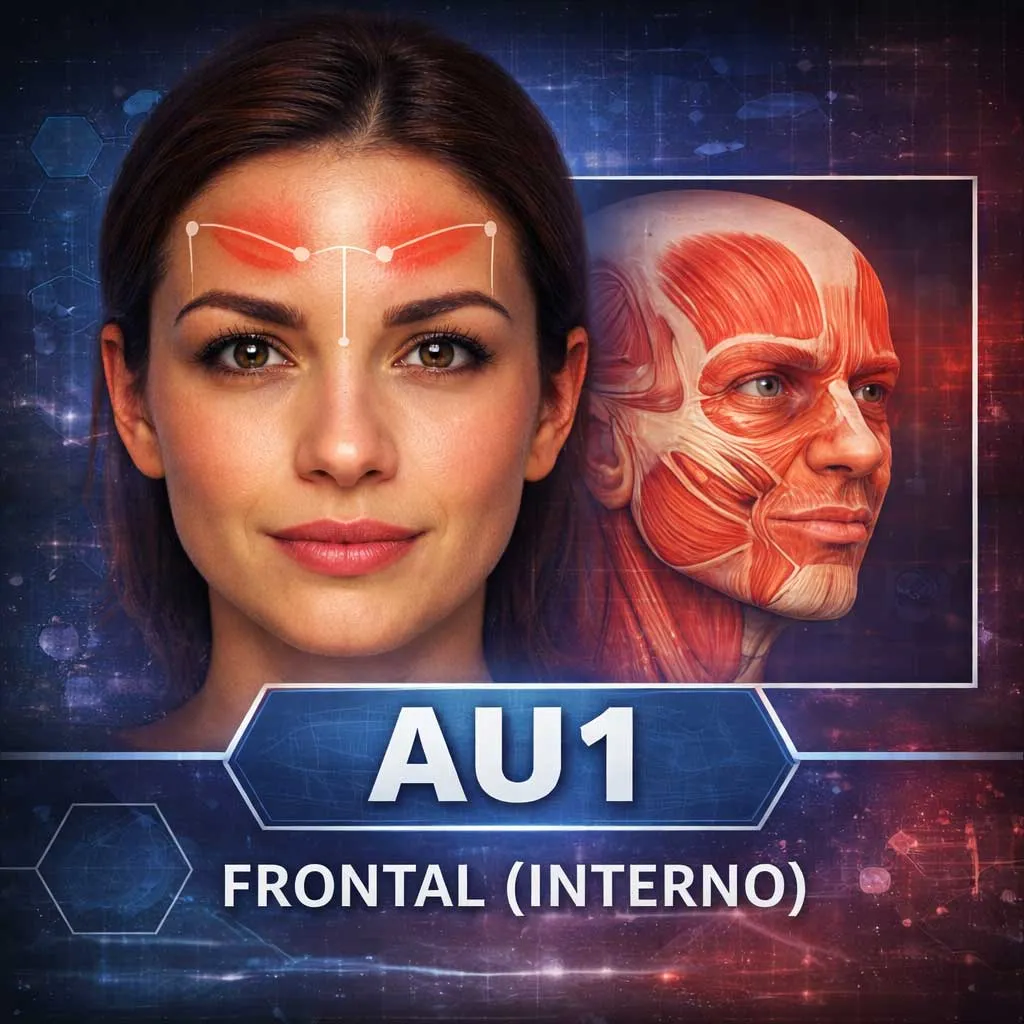 🧠 AU1 — Levantador interno da sobrancelha  Eleva a parte interna das sobrancelhas, ampliando o olhar. Comum em surpresa, tristeza ou atenção súbita.