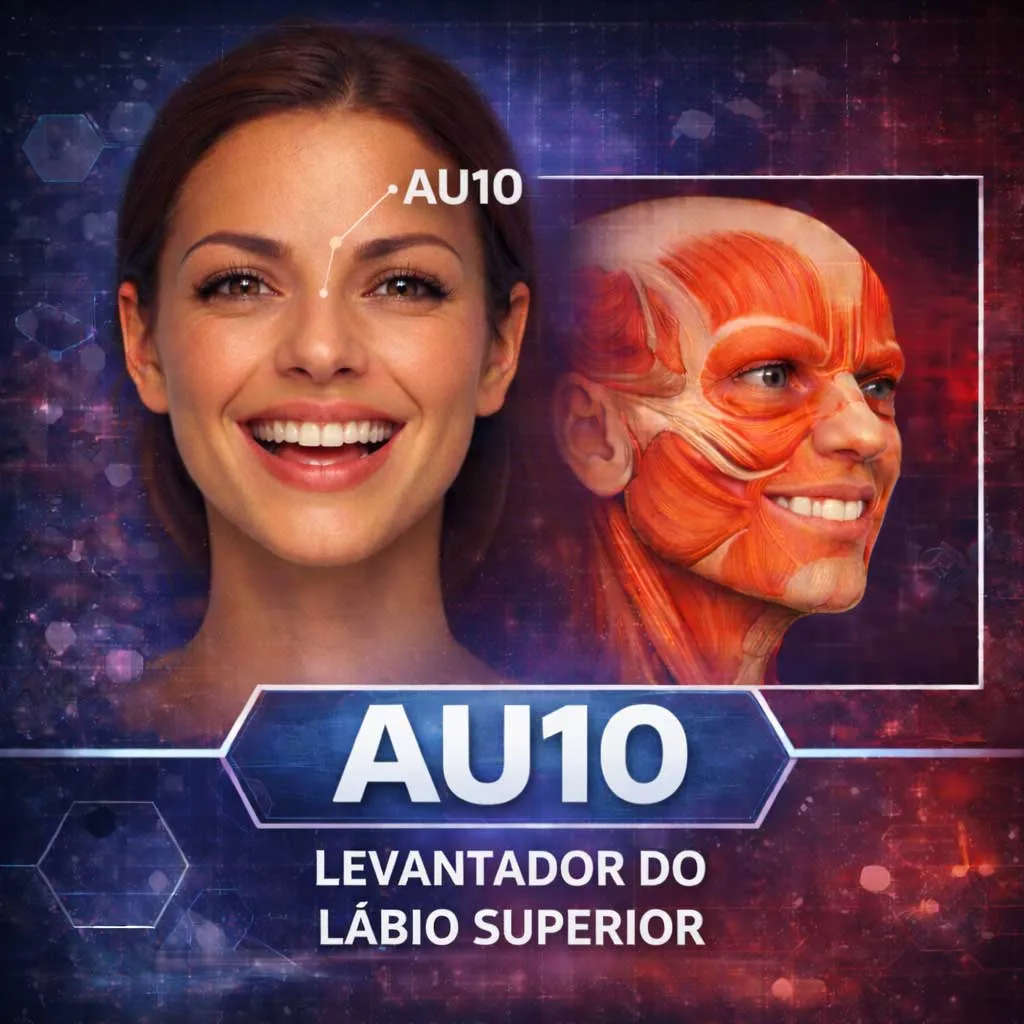 😬 AU10 — Levantador do lábio superior  Eleva o lábio superior, expondo os dentes. Surge em nojo, desprezo ou reações aversivas.
