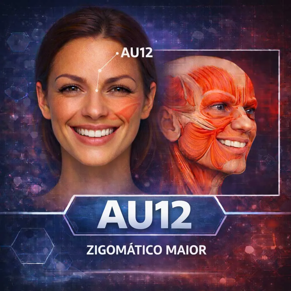 😁 AU12 — Zigomático maior  Puxa os cantos da boca para cima. Base do sorriso.