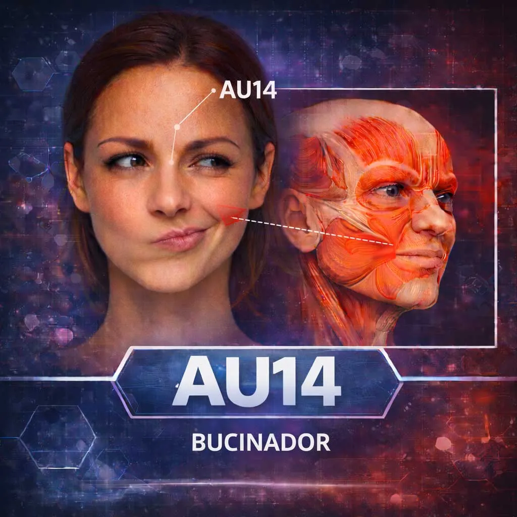 😏 AU14 — Bucinador (assimetria da boca)  Puxa a boca para um lado. Relacionado a desprezo, dúvida ou ironia.