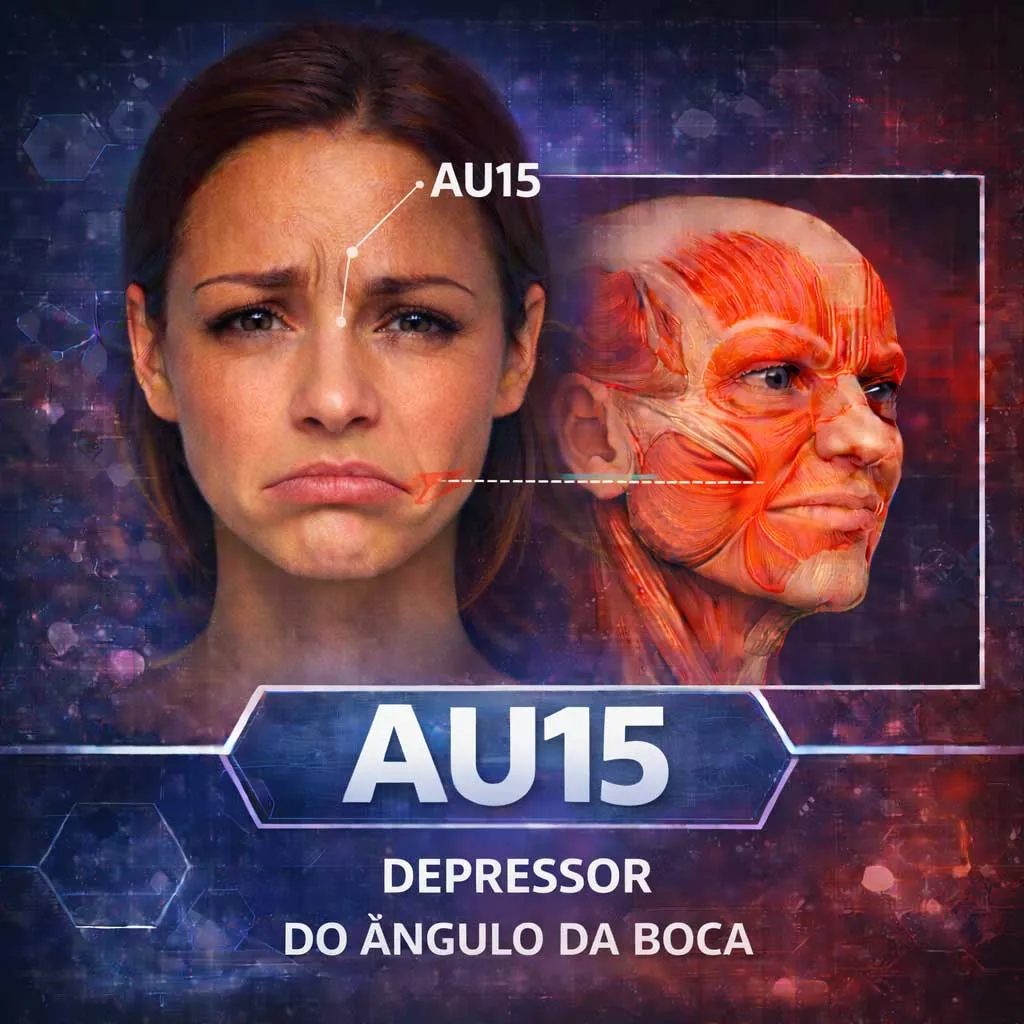 😞 AU15 — Depressor do ângulo da boca  Puxa os cantos da boca para baixo. Frequente em tristeza ou frustração.