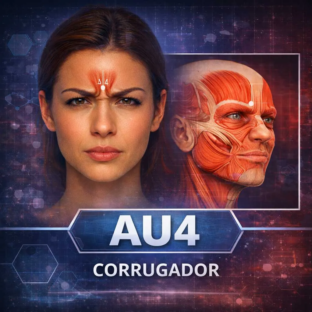 😠 AU4 — Corrugador do supercílio Puxa as sobrancelhas para baixo e para o centro, formando rugas verticais. Frequente em raiva, concentração ou preocupação.