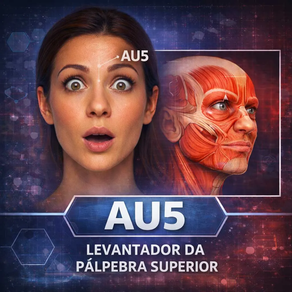 😳 AU5 — Levantador da pálpebra superior Abre mais os olhos, expondo maior área da íris. Aparece em surpresa, medo ou alerta.
