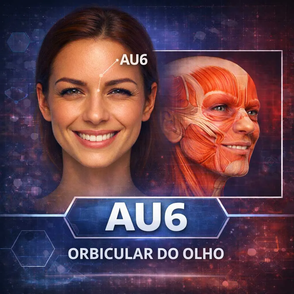 🙂 AU6 — Orbicular dos olhos (bochechas elevadas) Eleva as bochechas e estreita os olhos. Essencial no sorriso genuíno (sorriso de Duchenne).