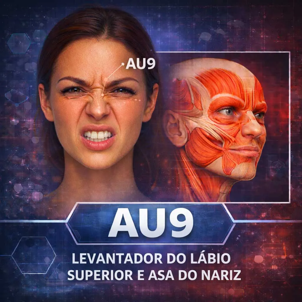 🤢 AU9 — Enrugamento do nariz Levanta o lábio superior e enruga o nariz. Associado a nojo ou repulsa.