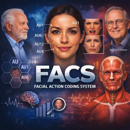 Representação visual do sistema FACS destacando unidades de ação facial usadas na análise científica das expressões. Análise comportamental.