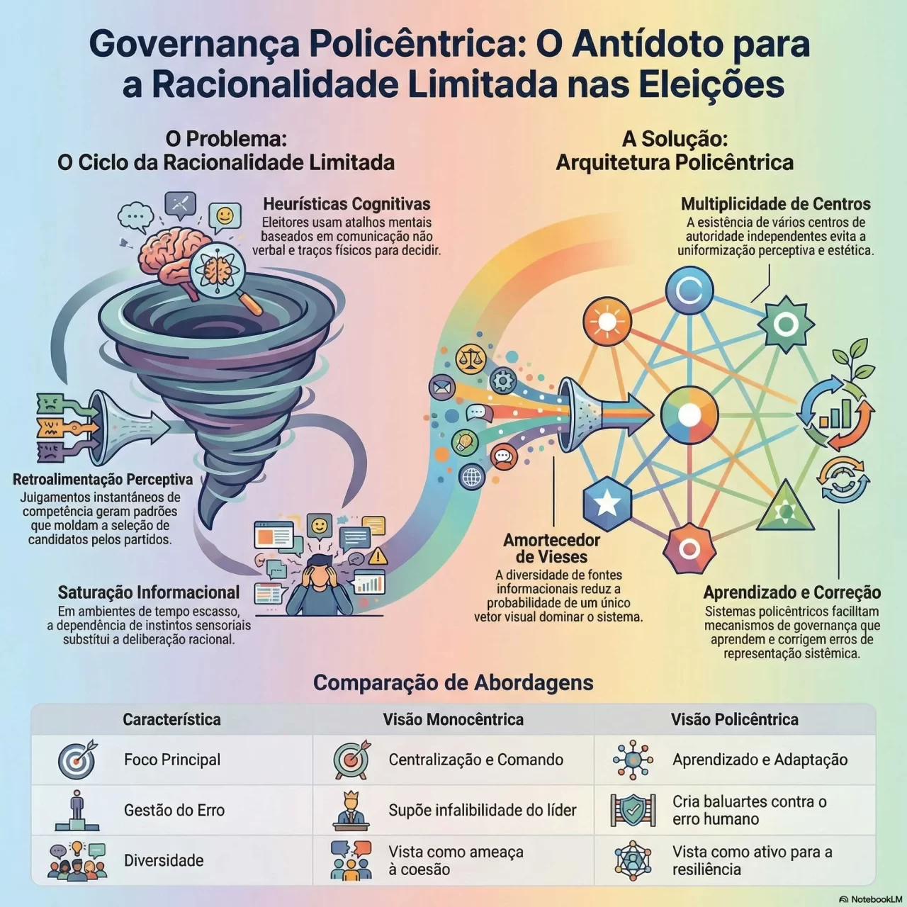 Infográfico sobre governança policêntrica como resposta à racionalidade limitada na decisão eleitoral em sistemas democráticos complexos