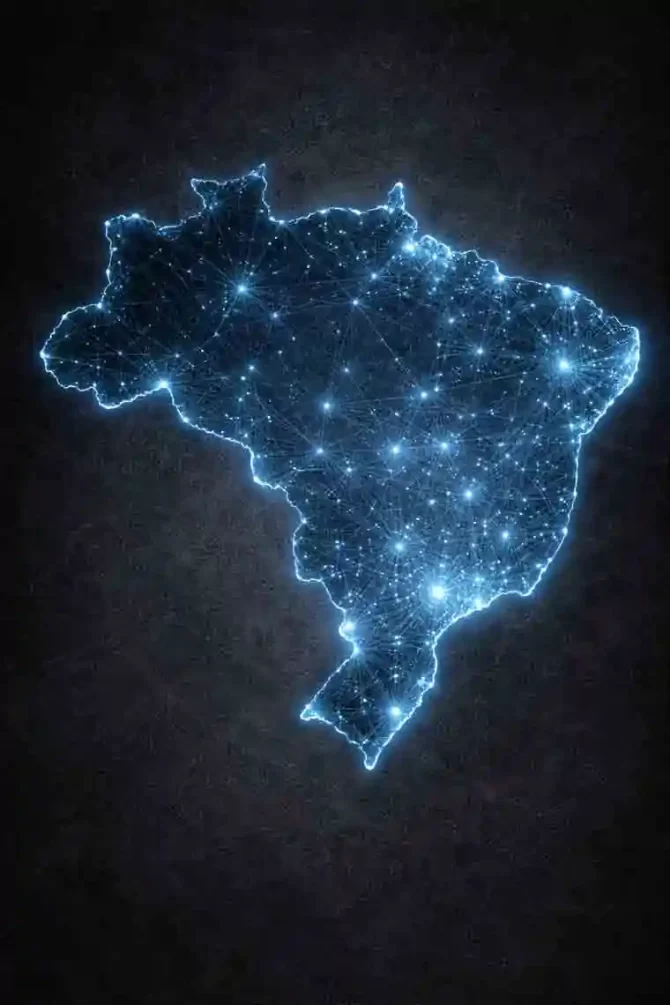 Mapa do Brasil em silhueta azul sobre fundo escuro representando arquitetura legislativa e sistemas complexos