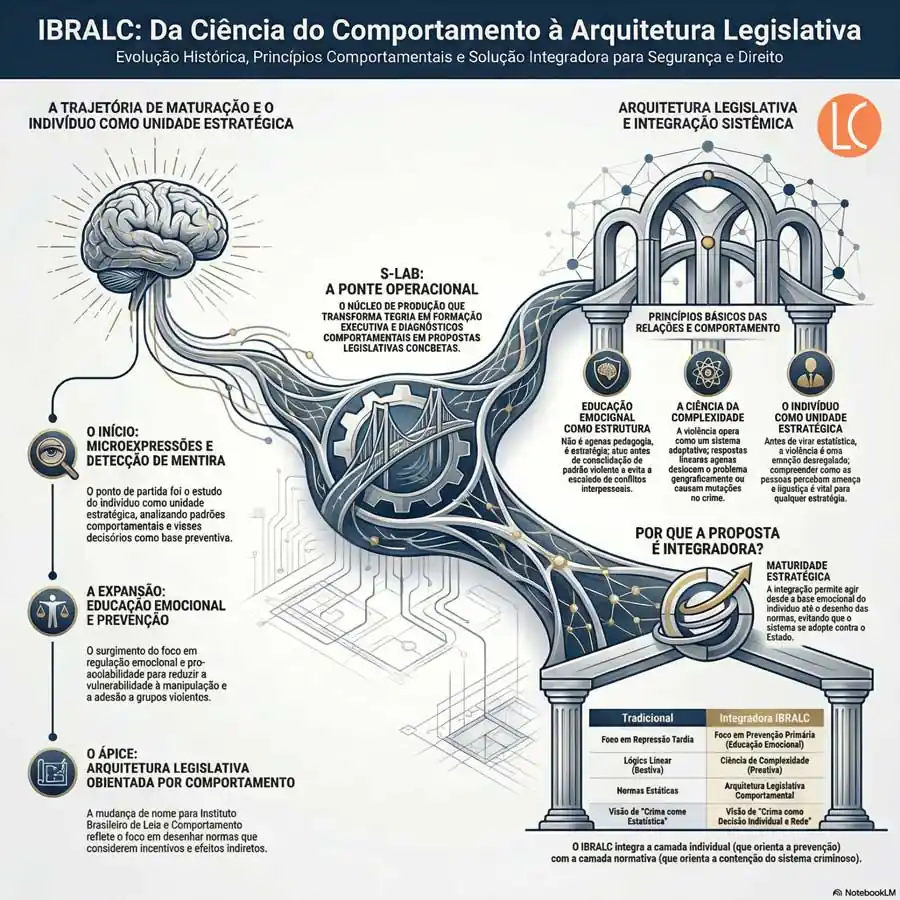 Infográfico institucional do IBRALC mostrando a evolução da ciência do comportamento para a arquitetura legislativa orientada por complexidade, integrando microexpressões, educação emocional, sistemas adaptativos e desenho normativo aplicado à segurança pública.