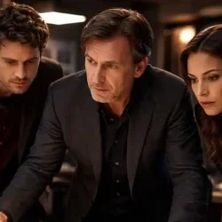 Personagens analisando cena de incêndio investigativo com foco em linguagem corporal e comportamento