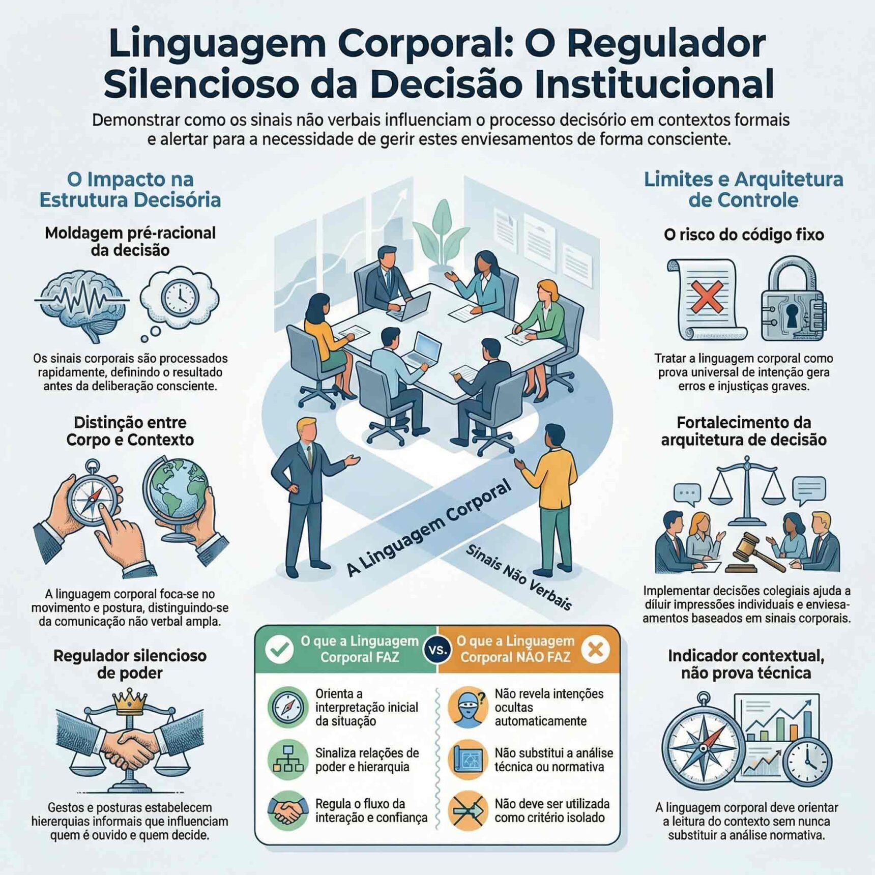 Ilustração mostra reunião institucional em que sinais de linguagem corporal e comunicação não verbal influenciam a decisão institucional, evidenciando limites da racionalidade formal e a necessidade de arquitetura da decisão.