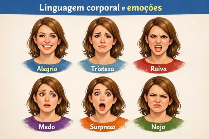 Imagem ilustrativa com exemplos de expressões faciais para as emoções básicas: alegria, tristeza, raiva, medo, surpresa e nojo.