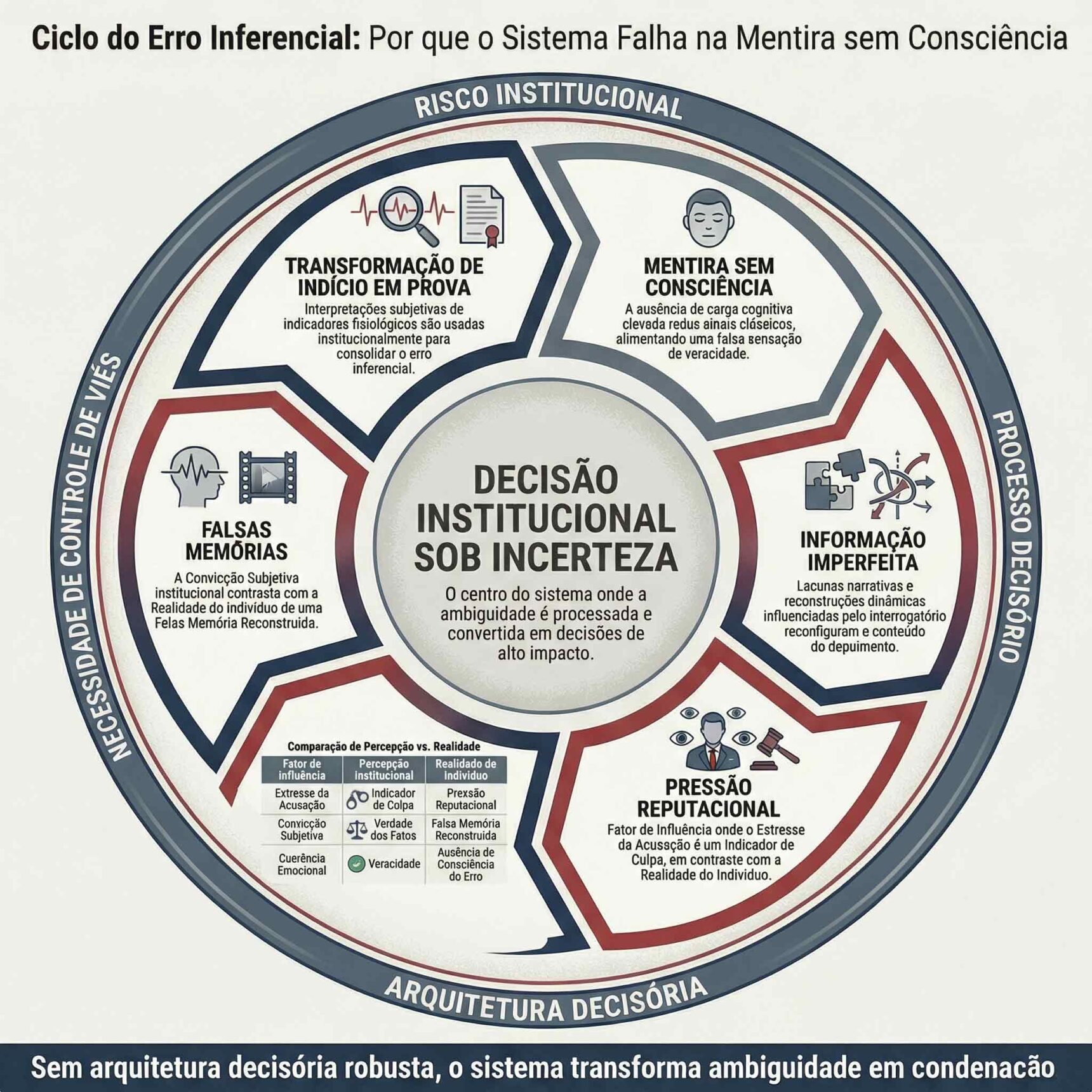 Infográfico do episódio 3 de Lie to Me mostrando o ciclo do erro inferencial na mentira sem consciência e seus impactos na decisão institucional sob incerteza.