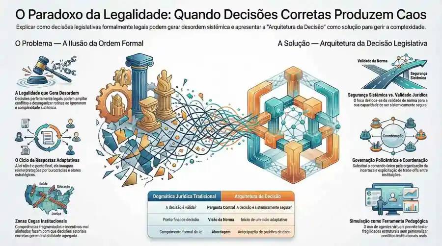 Infográfico sobre o paradoxo da legalidade mostrando como decisões legislativas formalmente corretas podem gerar desordem sistêmica e apresentando a arquitetura da decisão como solução.
