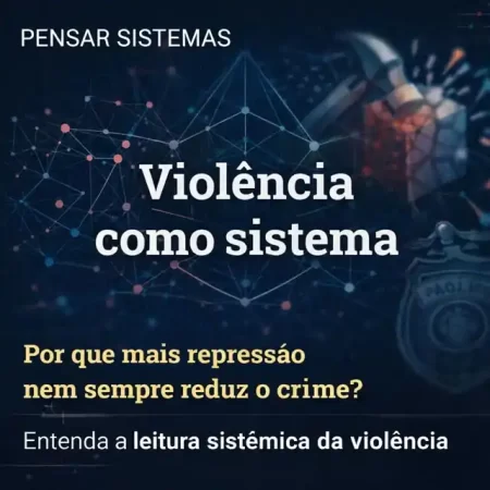 Imagem da série Pensar Sistemas explicando violência como sistema e questionando por que mais repressão nem sempre reduz o crime, com foco em leitura sistêmica aplicada à segurança pública.