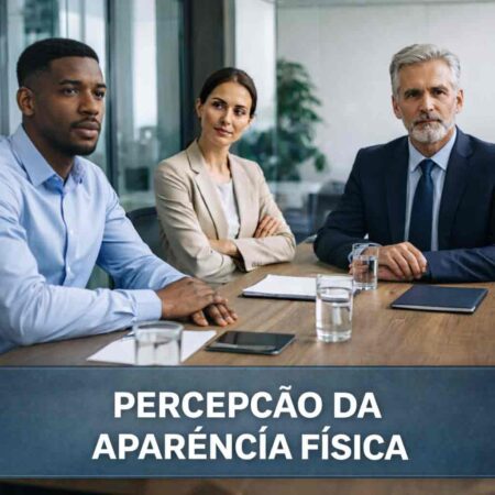 Participantes em reunião institucional sendo avaliados visualmente, evidenciando como a aparência física orienta julgamentos iniciais de credibilidade, competência e poder antes da deliberação formal.