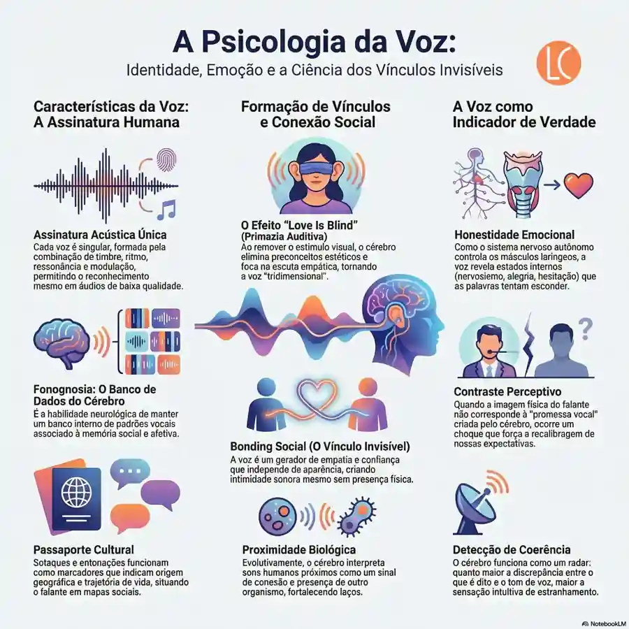 Infográfico explicando a percepção auditiva e a psicologia da voz mostrando identidade vocal, vínculo social, emoção, fonognosia e contraste perceptivo.