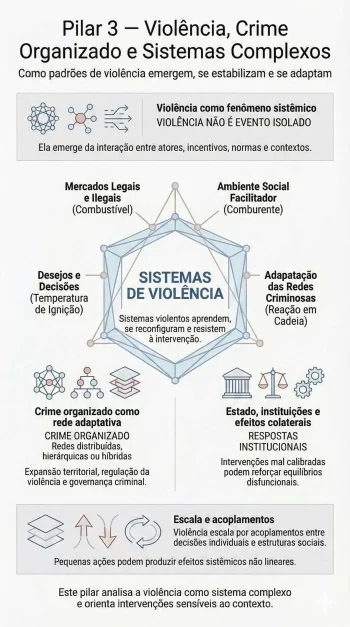 Violência não é evento isolado. Este pilar analisa como padrões violentos emergem, se estabilizam e se adaptam a partir da interação entre mercados, decisões humanas e instituições.