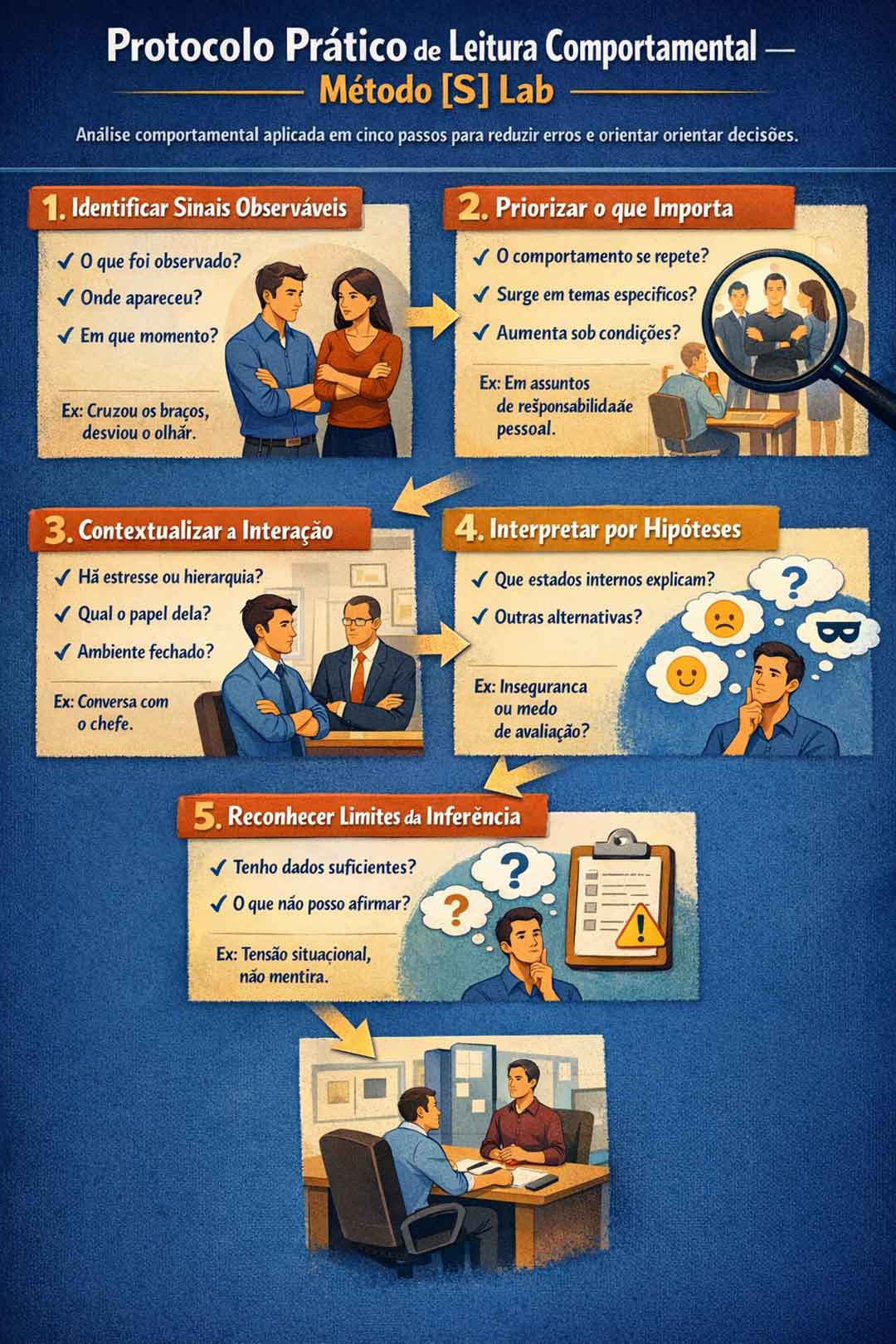 Protocolo prático de leitura comportamental em cinco etapas para reduzir erros interpretativos e orientar decisões em interações humanas