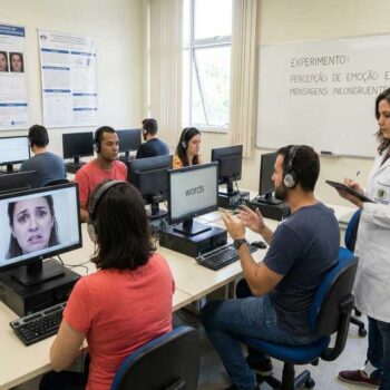 Imagem simbólica que representa a desconstrução do mito dos 93% da comunicação não verbal, mostrando que a regra 7-38-55 não colapsa por erro metodológico, mas por uso indevido fora do contexto experimental original