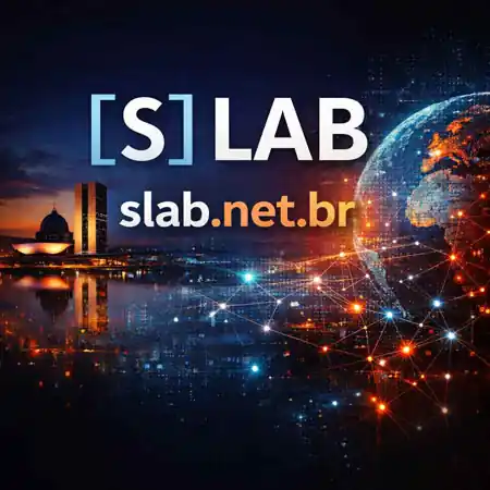Identidade visual do S Lab com representação de redes globais, complexidade, governança e sistemas sociais.