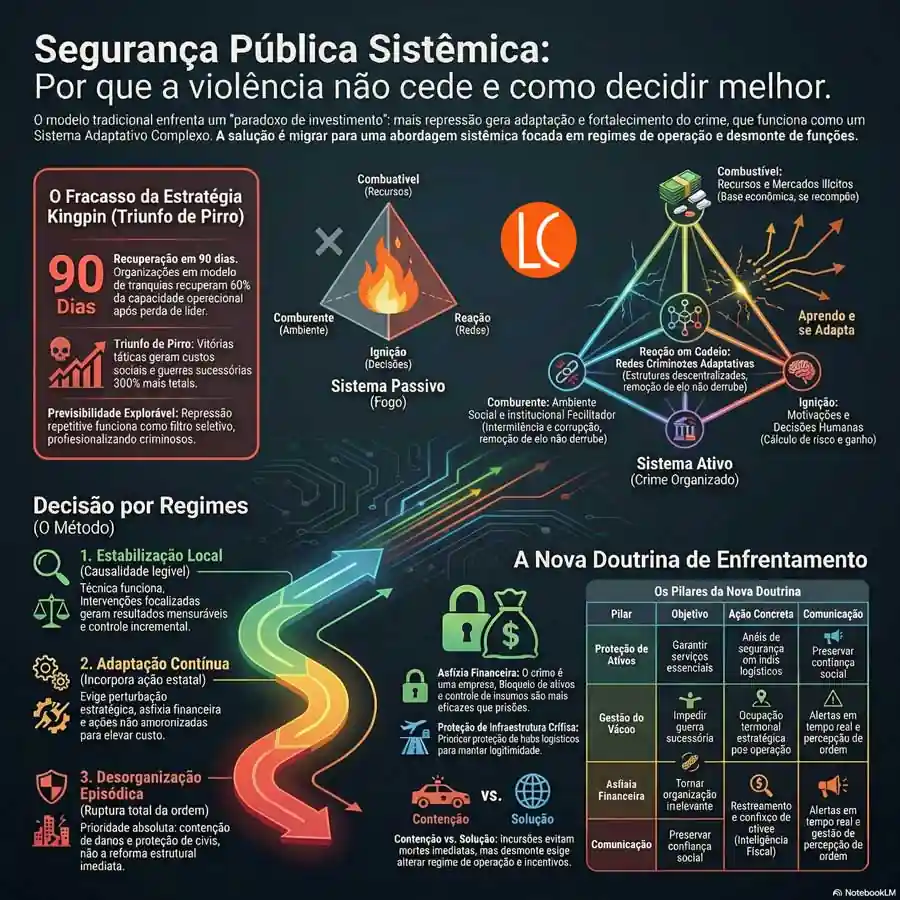 Infográfico sobre segurança pública sistêmica explicando por que a violência não cede, destacando decisão por regimes, asfixia financeira e enfrentamento ao crime organizado adaptativo.