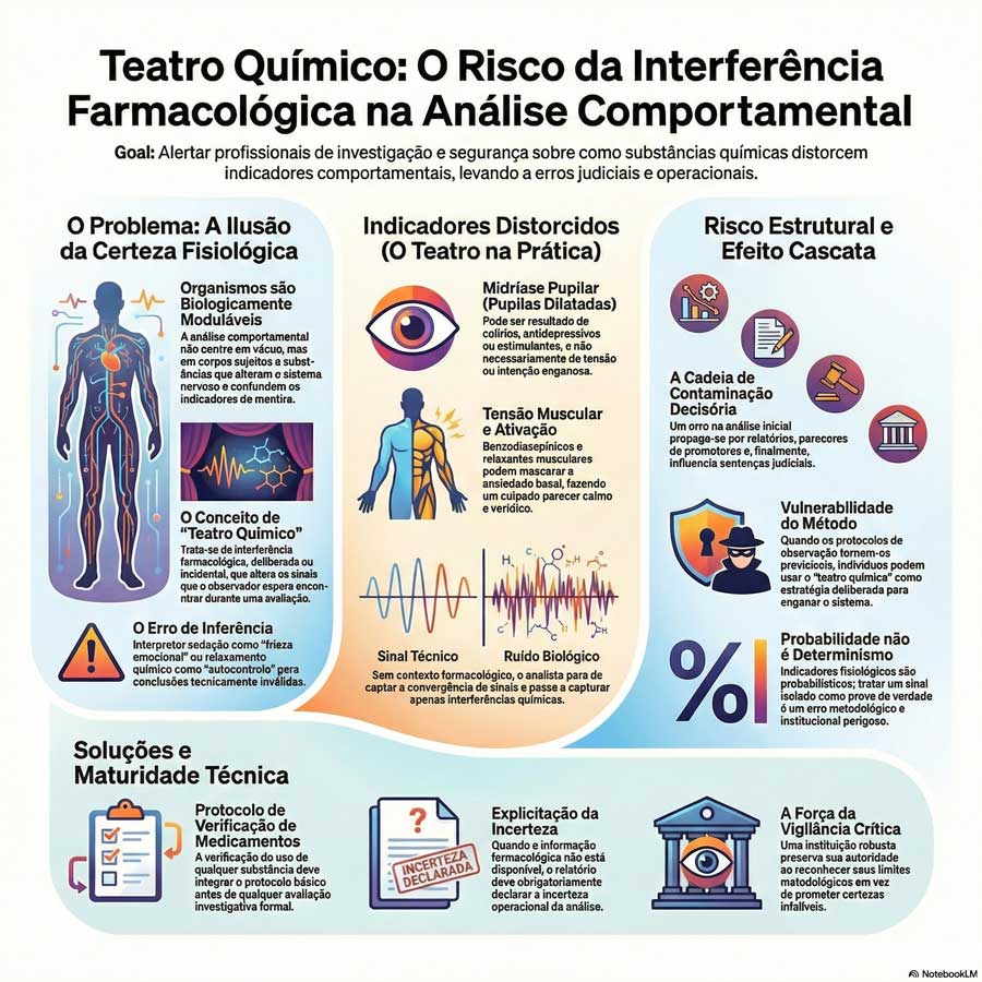 Infográfico sobre teatro químico e risco da interferência farmacológica na análise comportamental, mostrando distorções fisiológicas, erro de inferência e impacto judicial.