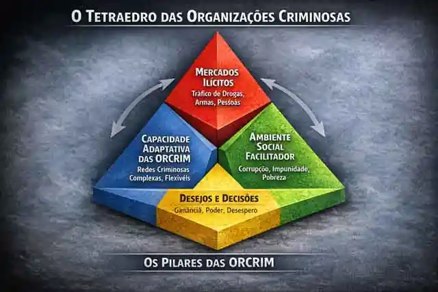 Infográfico do Tetraedro das Organizações Criminosas mostrando os quatro pilares do crime organizado: mercados ilícitos, ambiente social facilitador, desejos e decisões e capacidade adaptativa.