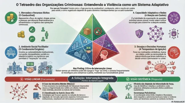 Diagrama do Tetraedro das Organizações Criminosas mostrando mercados ilícitos, ambiente social facilitador, desejos e decisões humanas e capacidade adaptativa como dimensões interdependentes da violência entendida como sistema complexo