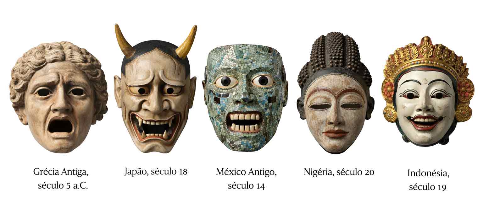 Imagem wide com máscaras históricas de distintas culturas representando emoções como medo, raiva, alegria e tristeza, ilustrando o debate sobre a universalidade das expressões faciais.