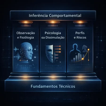 Eixos técnicos da Inteligência Comportamental Aplicada organizados em observação fisiológica, dissimulação e perfis de risco