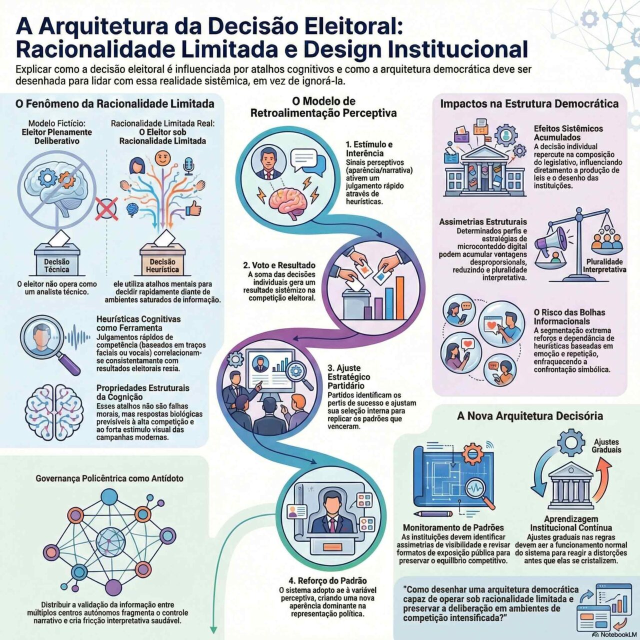 Infográfico sobre arquitetura da decisão eleitoral mostrando racionalidade limitada, heurísticas cognitivas, retroalimentação perceptiva e impactos sistêmicos na estrutura democrática.