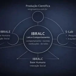 Diagrama conceitual do ecossistema IBRALC mostrando o núcleo Leis e Comportamento conectado a IBRALE, S-Lab e produção científica.