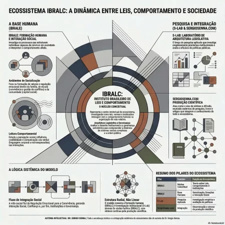 Diagrama do ecossistema IBRALC mostrando a relação entre IBRALE, IBRALC, S-Lab e SergioSenna.com na análise de comportamento humano, instituições e sistemas sociais complexos.
