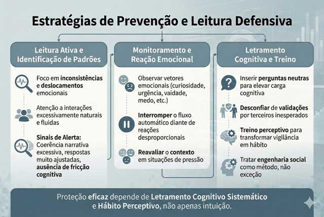 Engenharia social na segurança pública: o infográfico organiza estratégias de prevenção e leitura defensiva baseadas em padrões, emoções e alfabetização cognitiva.