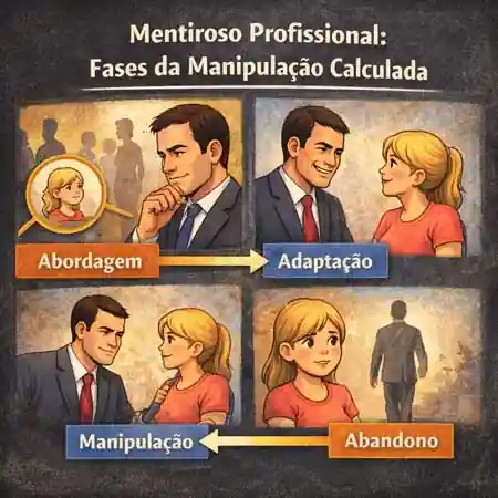 Infográfico ilustrando mentiroso profissional passando pelas fases de abordagem, adaptação, manipulação e abandono em estratégia calculada.