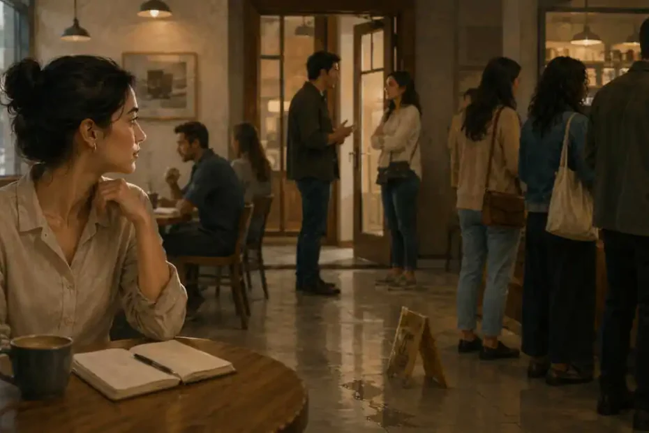 Pessoa observa discretamente uma padaria movimentada, com fila, conversa ao fundo e sinal de piso molhado, em cena sobre observação analítica no cotidiano.