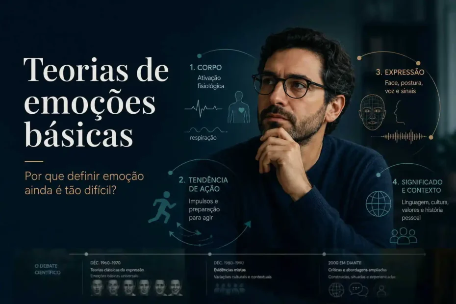 Imagem destacada sobre teorias de emoções básicas, com pessoa em reflexão e elementos visuais sobre corpo, ação, expressão e contexto.